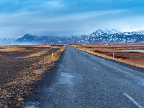 Iceland, Road 54 at Snaefellsjoekull National Park early in the morning in winter