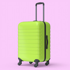 Small green polycarbonate suitcase isolated on pink background.