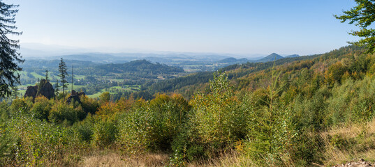 Autumn panorama of the Rudawy Janowickie mountains in Lower Silesia Poland  - obrazy, fototapety, plakaty