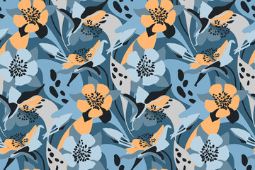 Naklejka premium Vector floral seamless pattern. Flower background. Orange, blue flowers, buds, leaves isolated on a blue background.