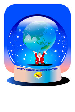 クリスマスカード,スノードームで地球を持ち上げるサンタクロース