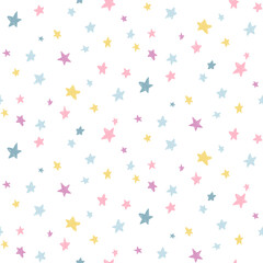 Seamless pattern with multicolored hand-drawn stars on a white background