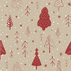 Seamless pattern with trees and snowflakes. Winter and christmas mood, scandinavian minimalism, hand drawn doodle style for web, print, textile, background, wrapping paper, wallpaper. 