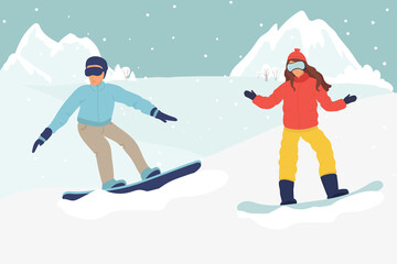 snowboard. Couple of snowboarders in mountains. Winter sport and recreation. Snowboarding resort with young man, woman. Flat vector illustration winter landscape