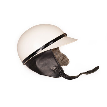 Old style white motorcycle helmet on white background