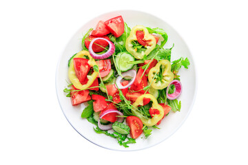 fresh salad vegetable tomato, cucumber, pepper, onion, olive oil healthy veggie meal snack on the table copy space food background 