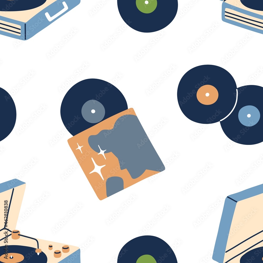 Aufkleber music vinyl records pattern. seamless retro background with gramophone discs and old turntable playe