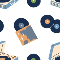 Music vinyl records pattern. Seamless retro background with gramophone discs and old turntable players. Endless texture with repeating print. Flat vector illustration for wrapping and decoration