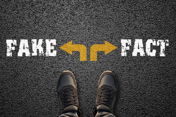 Fake and fact concept. Choosing between fake or fact with shoes on the asphalt ground