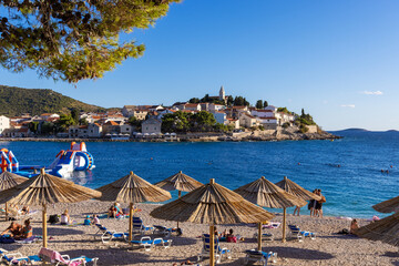 The beach in Primosten town the coast of the Adriatic Sea, Croatia