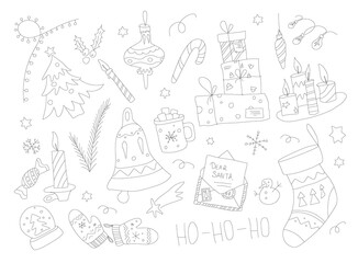 Christmas doodle collection. Hand drawn xmas Set with elements. candle, light and presents. outline graphic. Letter for Santa.