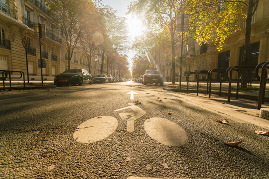 France, Paris, street with cyclist sign on asphalt in autumn