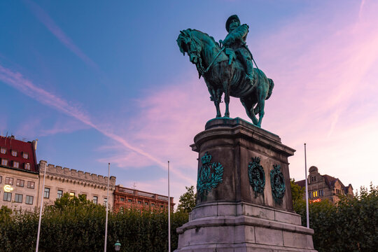 Low angle view of Charles X Gustav statue against sky during sunset, Malmo, Sweden