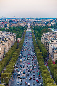 France, Paris, cityscape with Avenue des Champs-Elysees and Louvre