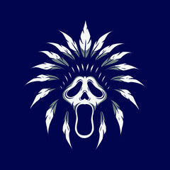 Apache indian warrior hero Line Pop Art logo. Halloween ghost face design with dark background. Abstract vector illustration