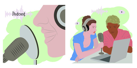 Set of smiling man listening and recording audio podcast or online show vector flat illustration. 