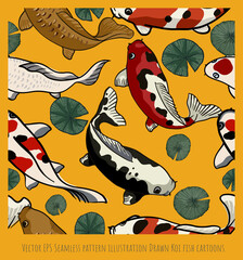 Naklejka premium Vector Seamless pattern group of drawn Koi fish cartoons.
