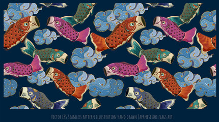 Seamless pattern Japanese style Koi fish flags.