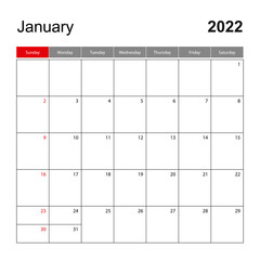 Wall calendar template for January 2022. Holiday and event planner, week starts on Sunday.
