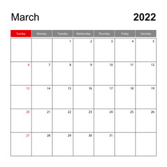 Wall calendar template for March 2022. Holiday and event planner, week starts on Sunday.