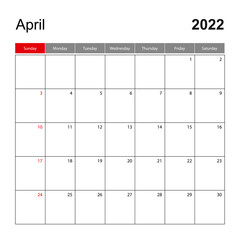Wall calendar template for April 2022. Holiday and event planner, week starts on Sunday.