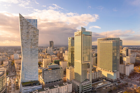 View to the city center from the Palace of Culture and Science at twilight, Warsaw, Poland