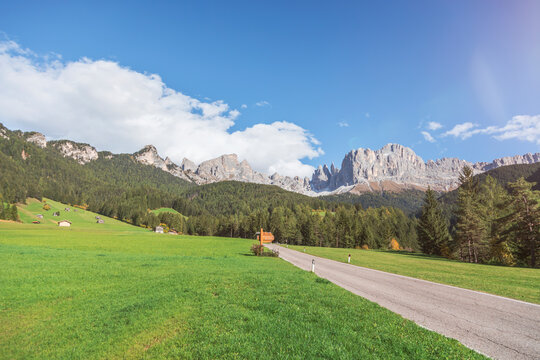 Italy, South Tyrol, Dolomites, Rosengarten group, country road in summer