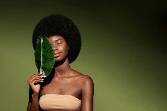 Natural Organic Cosmetics Concept.  Beauty Portrait Of Young Beautiful African American Woman With Posing With Banana Leaf Curly Hair Against Green Exotixc Plants Background.