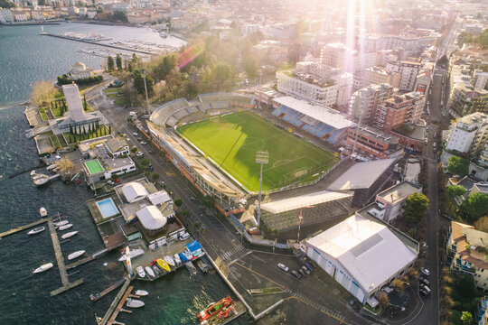Aerial view of Como with football stadium, Italy