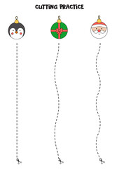 Cutting practice for children with cute cartoon Christmas balls.