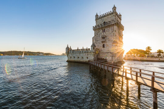 Portugal, Lisbon, Belem Tower on Tagus river at sunset