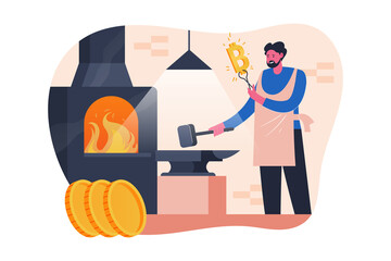 Blacksmith Forging Bitcoin Currency Symbol Flat Vector Illustration 