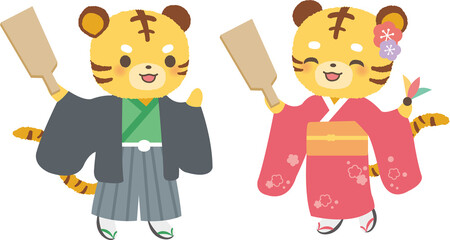 羽子板で遊ぶトラ　寅　干支