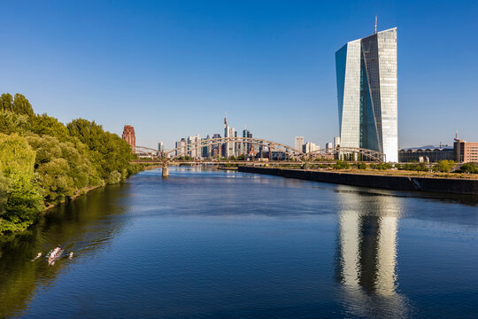 Scenic view of River Main against clear blue sky in Frankfurt, Germany