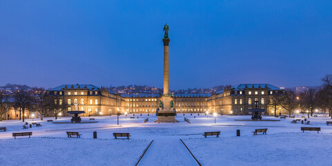 Castle square and Anniversary Column during winter at night in Stuttgart, Germany