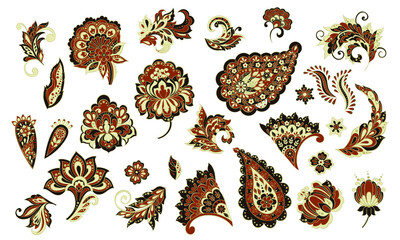 Vector set of isolated traditional Indian Paisley and Flowers