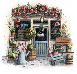 Cute summer and spring flower shop with roses, tree, door and window. Hand drawn ink pen and colored pencils illustration.