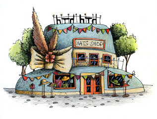 Cute summer and spring hat shop with trees, feather, bow, doors  and windows. Hand drawn ink pen and colored pencils illustration.