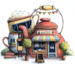 Cute summer and spring bakery shop with trees, cakes, cup and kettle. Hand drawn ink pen and colored pencils illustration.