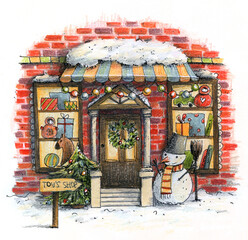 Cute christmas toys shop with snomen, tree and light. Hand drawn ink pen and colored pencils illustration.