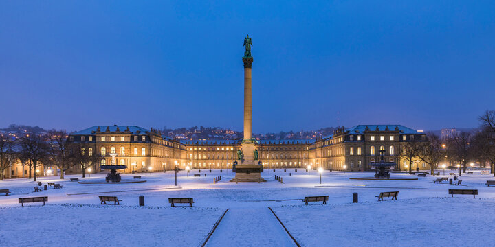 Castle square and Anniversary Column during winter at night in Stuttgart, Germany