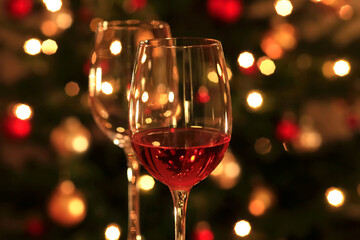 Rose wine in shiny wineglass in front of Christmas tree