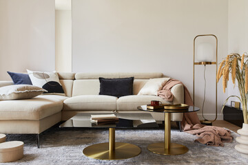 Creative living room interior composition with beige sofa, glass coffee table, carpet on the floor...