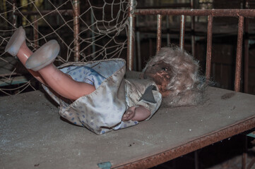 A radioactive old toy in an abandoned kindergarten in the city of pripyat