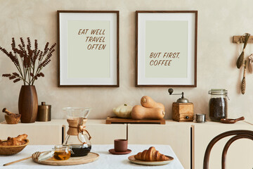 Creative and modern dining room interior design with mock up poster frames, beige sideboard, family dining table and retro inspired personal accessories. Copy space. Template. Autumn vibes..