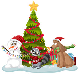 Christmas tree with cute animals on white background