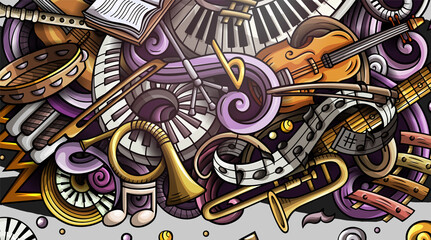 Classic Music hand drawn doodle banner. Cartoon detailed flyer.