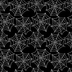 Spider web seamless pattern. Vector black and white illustration isolated. Halloween texture