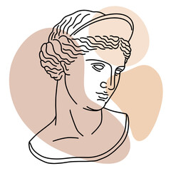 Hand drawn vector of antique Greek girl head. Illustration of classic greek sculpture in line art style with color spots background.