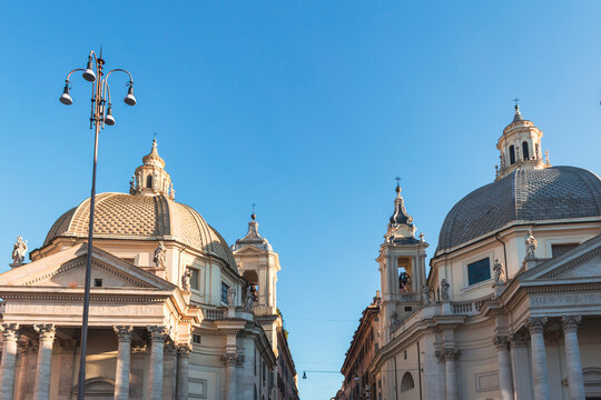 Italy, Rome, Low Angle View Of Santa Maria Dei Miracoli And Santa Maria In Montesanto Churches